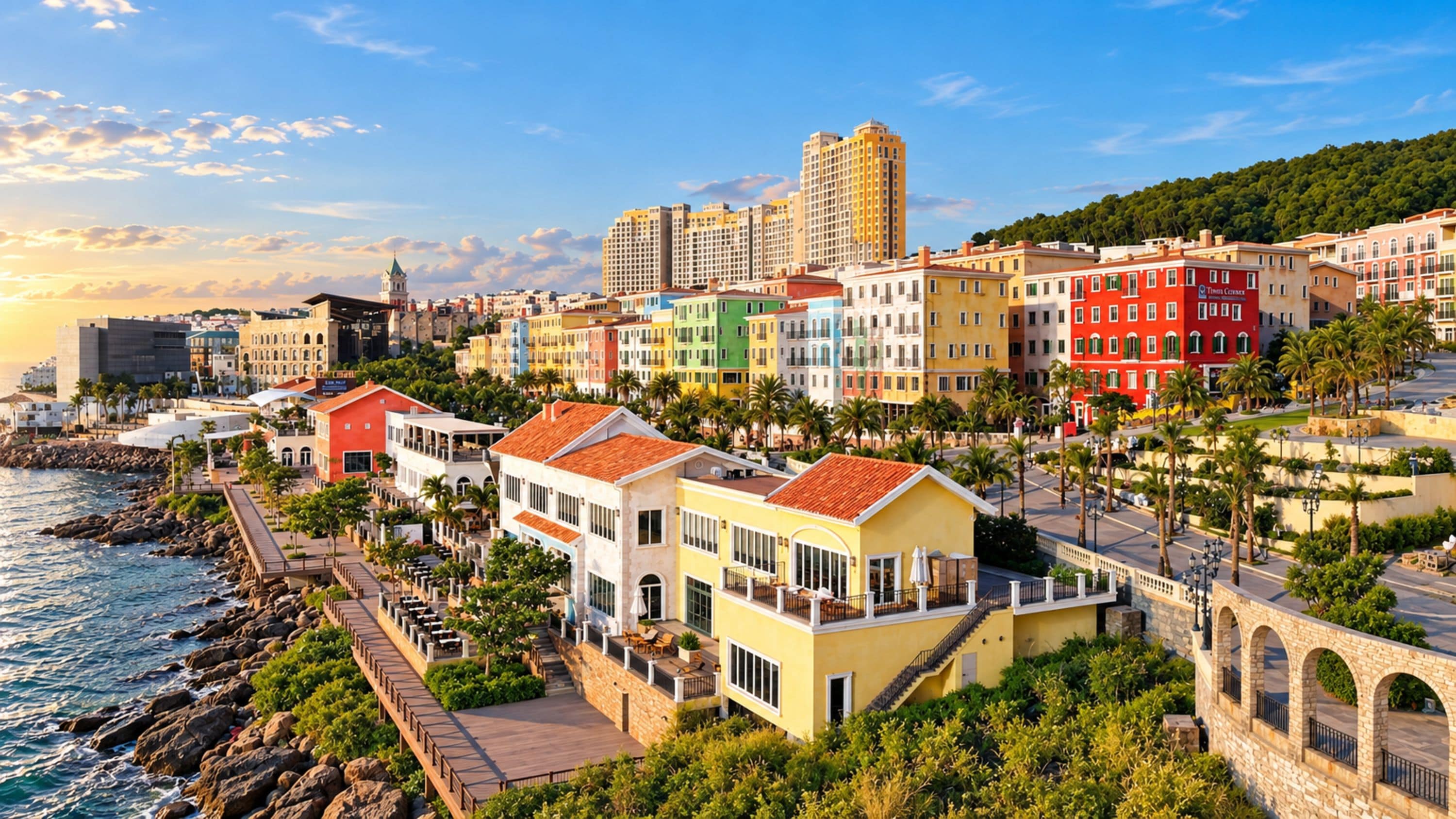 A coastal cityscape with colorful buildings, a waterfront promenade, and a prominent church tower.