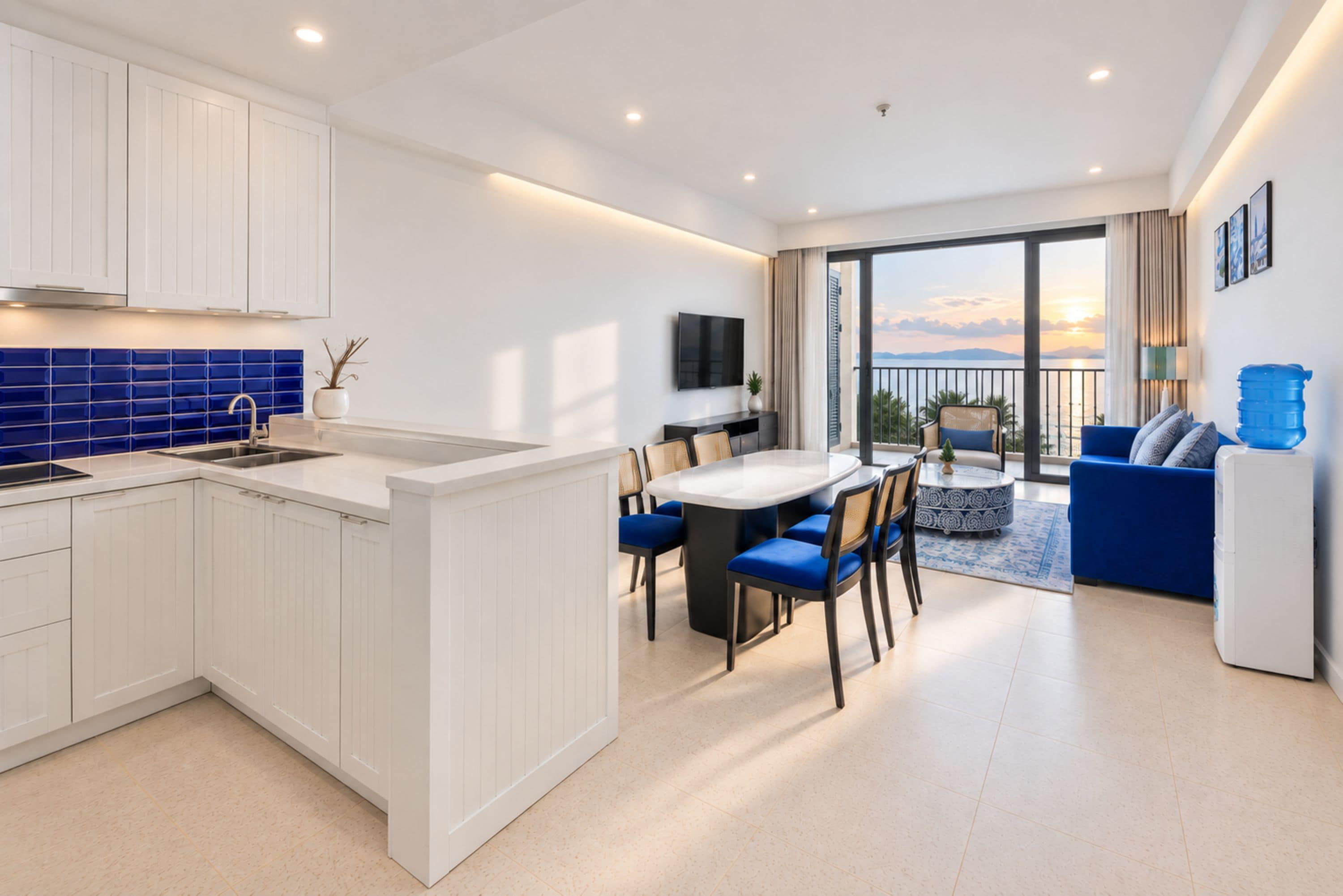 A modern kitchen with white cabinetry and blue tiles, a dining area with a table and chairs, and a balcony with a view of the sea.