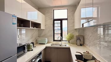 A compact kitchen with a built-in washing machine, a sink, and a stove.