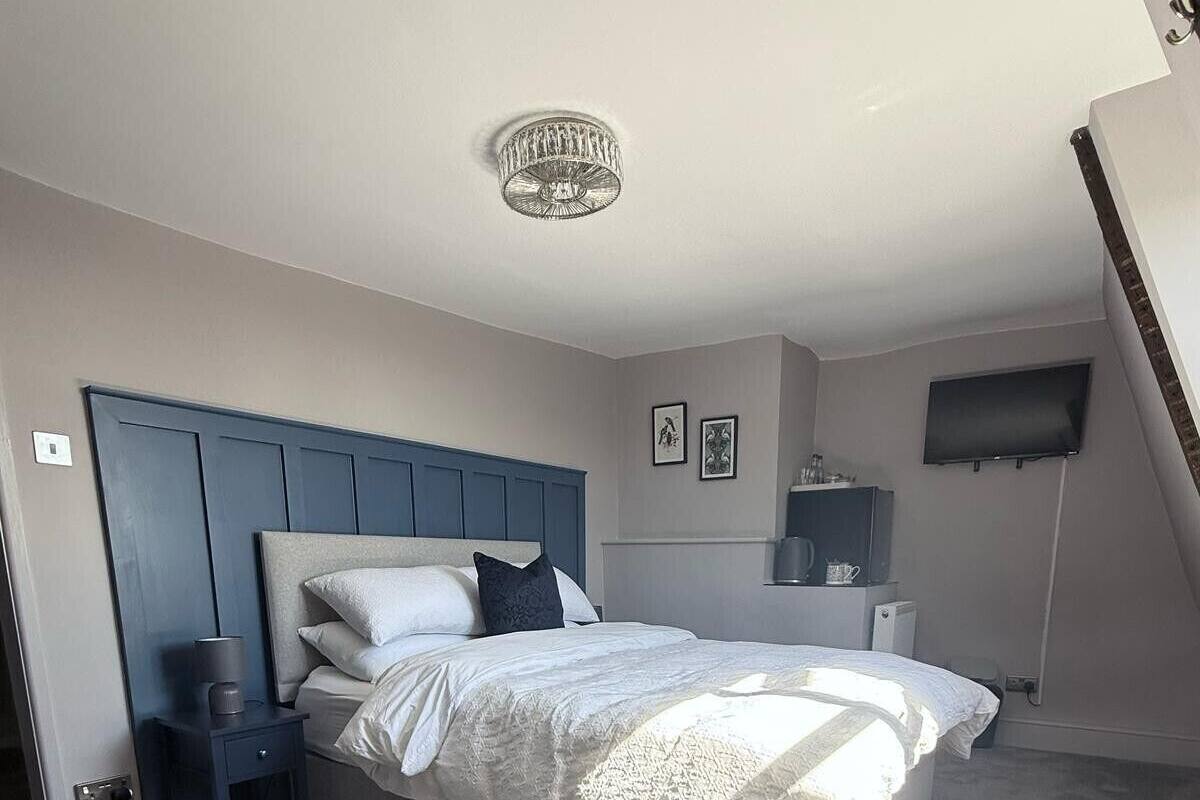 A bedroom with a bed, bedside tables, a TV, and a ceiling light fixture.