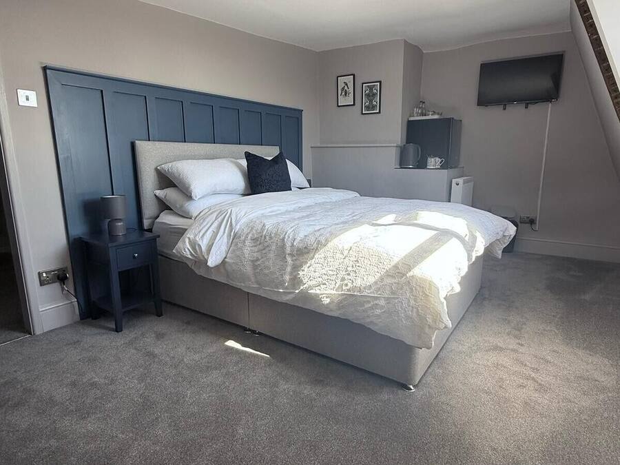 A bedroom with a bed, bedside tables, a TV, and a ceiling light fixture.