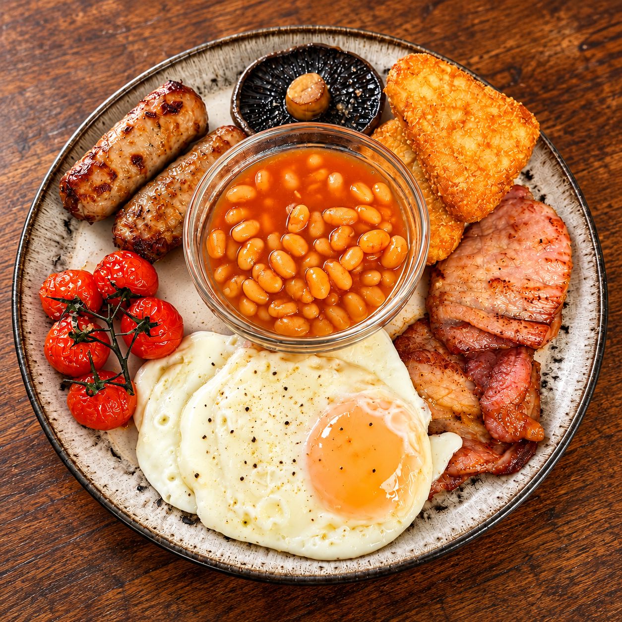 A plate of breakfast food including eggs, bacon, sausages, beans, tomatoes, and toast.