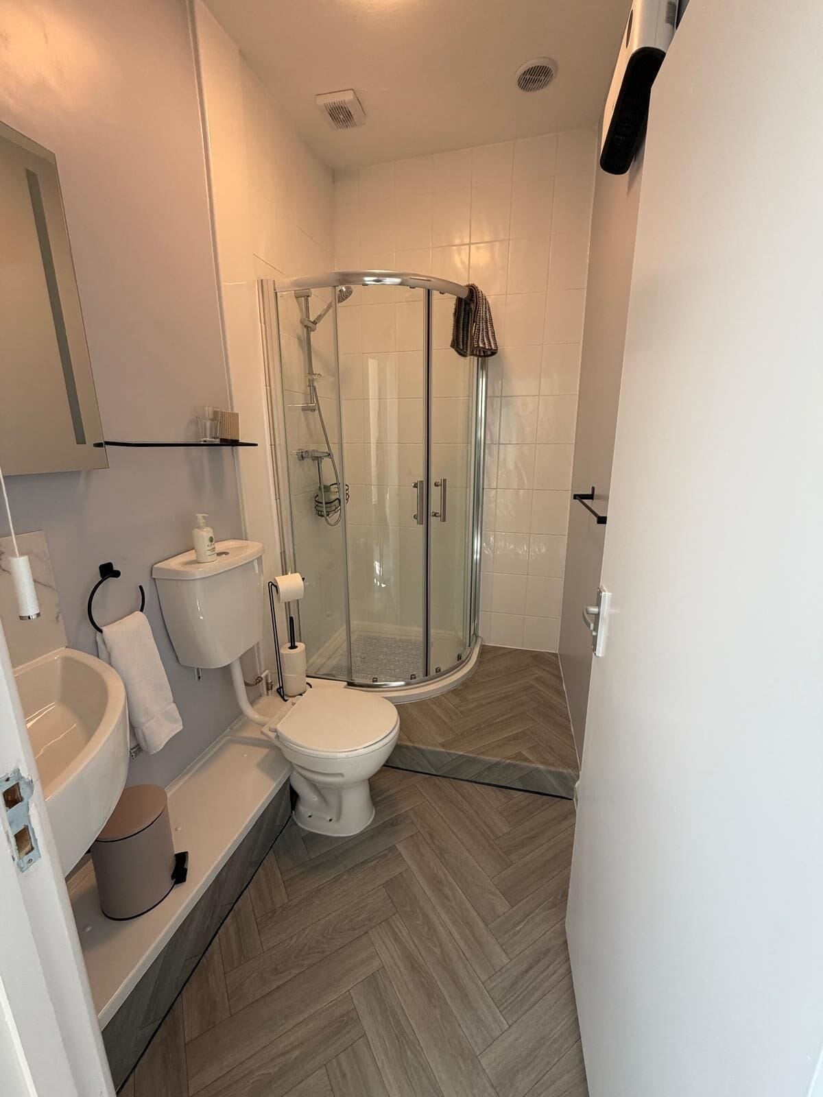A modern bathroom with a glass-enclosed shower, a toilet, a sink, and a mirror.