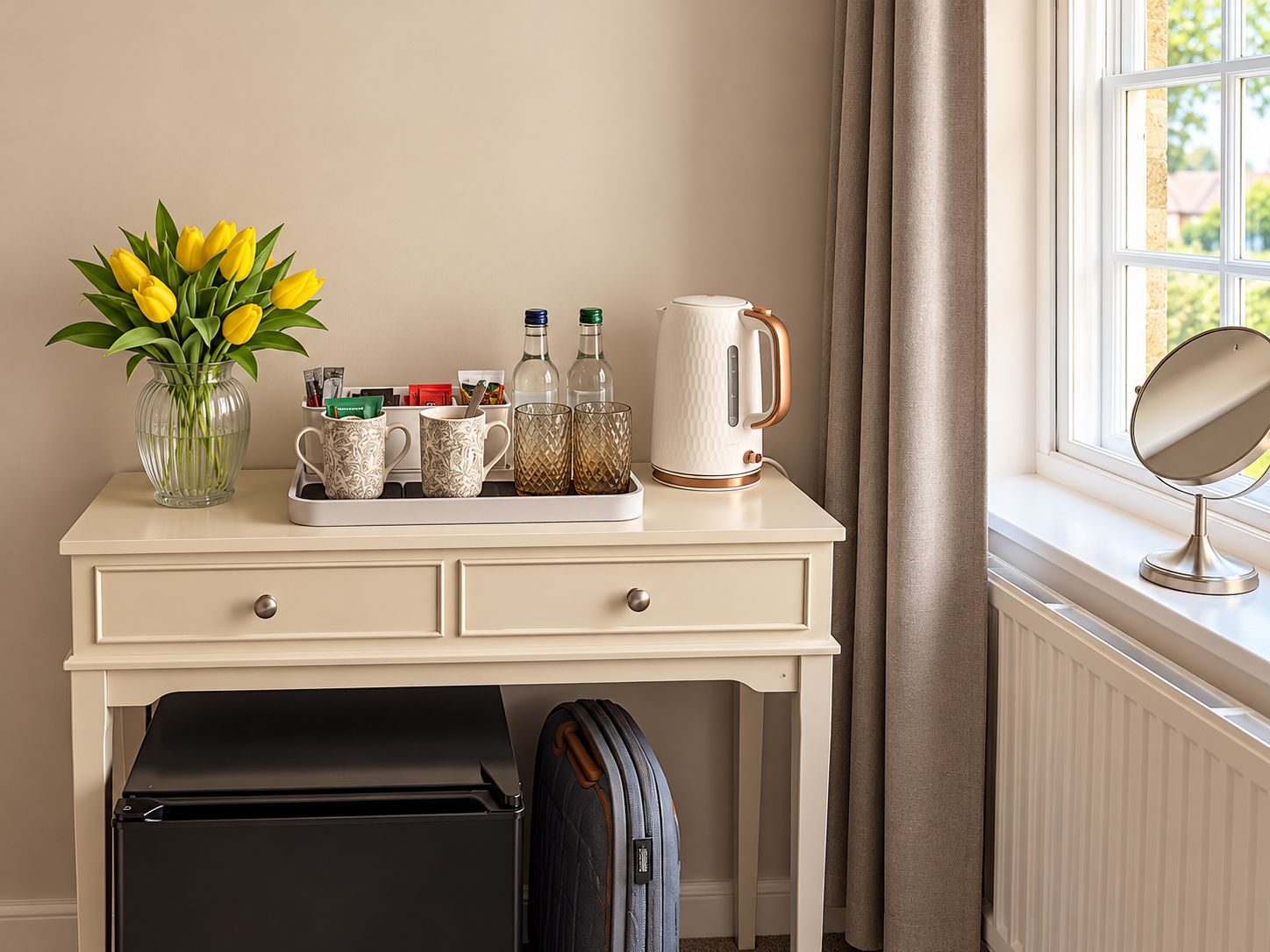 Une chambre d’hôtel avec un bureau, un vase de fleurs jaunes, un plateau avec des tasses, une bouilloire et une valise.