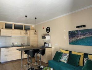 Kühlschrank, Mikrowelle, Herdplatte, Wasserkocher mit Kaffee-/Teezubehör