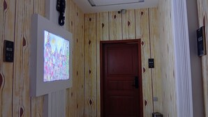 Un pasillo con diseño de pared de madera, una puerta y una pantalla de televisión mostrando contenido colorido.