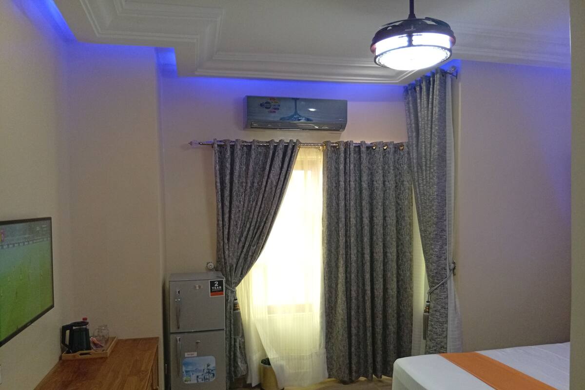 Een hotelkamer met een bed, een bureau, een koelkast en een televisietoestel.