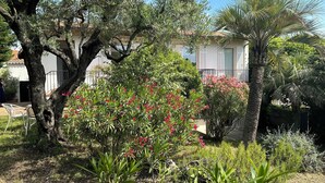 A garden with various plants and trees, a white building with a balcony, and a chair. - House of 100 m2 on 2 levels with garden of 1000 m2 center Cannes (Cannes)