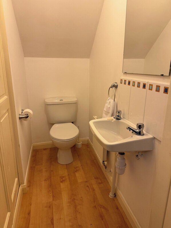 A small, clean bathroom with a toilet, sink, and mirror.