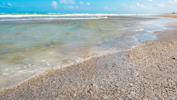 Een strand met helder water, een kiezelstrand en een verre horizon.