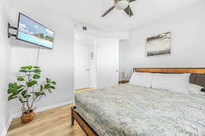 A bedroom with a bed, a TV, a ceiling fan, a plant, and a door.