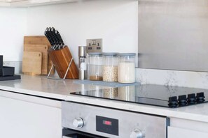 Fridge, microwave, oven, electric kettle