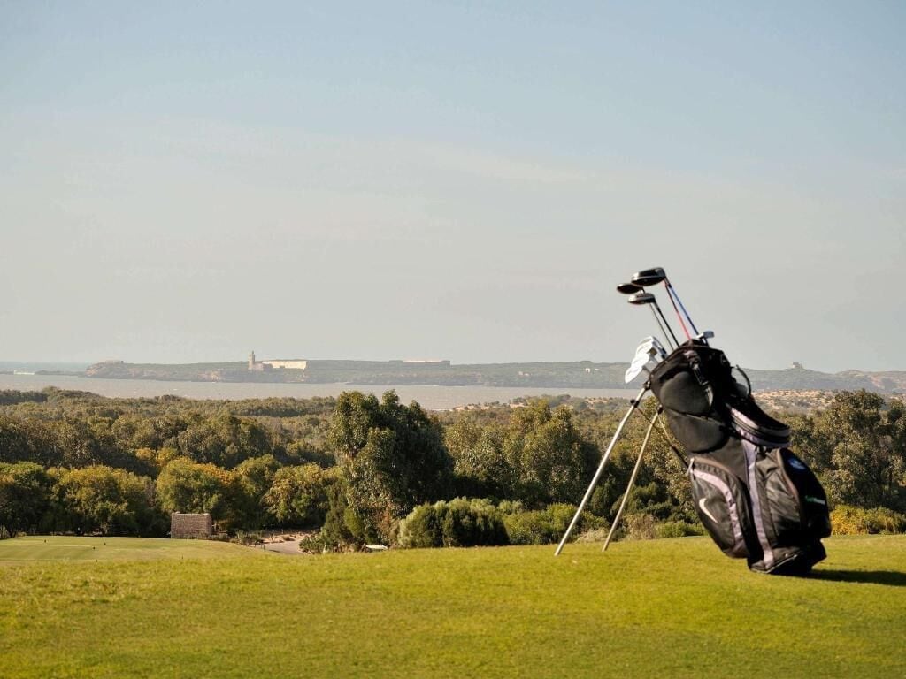 A golf bag on a grassy field with a view of a lighthouse and trees in the background.