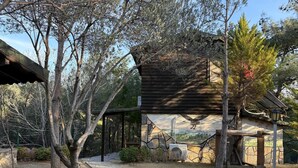 A rustic cabin with a stone pathway leading to it, surrounded by trees and a clear sky. - Jippe İda Dağ Evleri (Edremit)