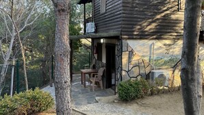 A rustic cabin with a stone foundation, a wooden exterior, and a mural of an eagle. - Jippe İda Dağ Evleri (Edremit)