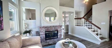 TV, fireplace, video games, stereo