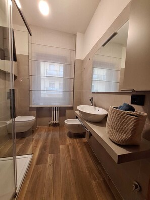 Shower, hair dryer, bidet, towels