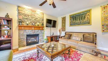 TV, fireplace, books