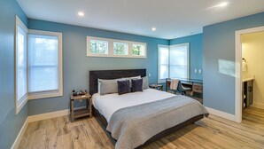 A bedroom with a bed, a desk, and a chair. - Mtn Escape w/ Hot Tub, By Trails in Grand Lake! (Grand Lake)