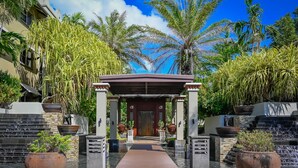 Una entrada cubierta con una puerta de madera, flanqueada por grandes macetas con plantas y palmeras, que da acceso a un edificio de fachada de piedra.