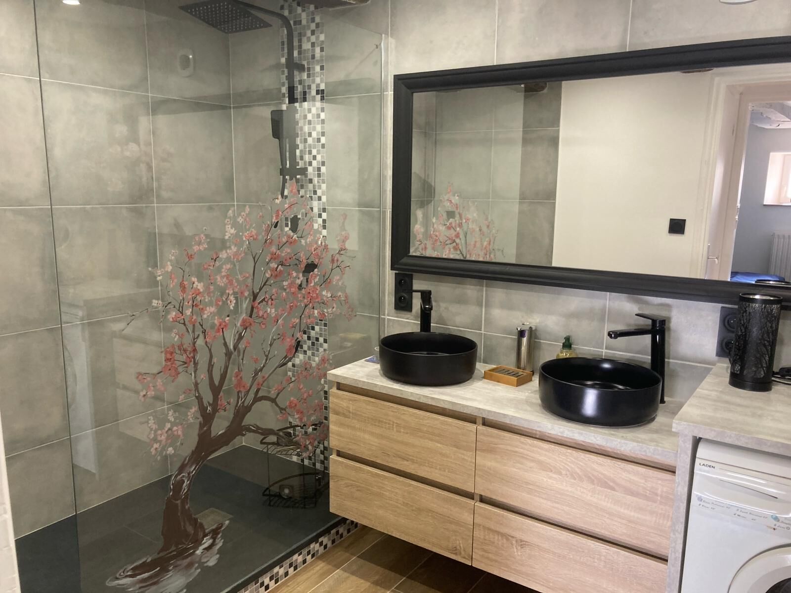 Shower, hair dryer, towels, toilet paper