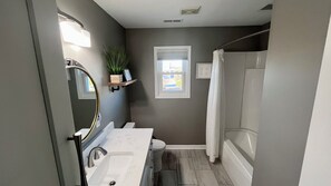 Hair dryer, towels, soap, toilet paper