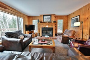 TV, fireplace - Lakefront Cabin with Dock, Kayaks, and Stunning Views on Quiet Teal Lake (Hayward)