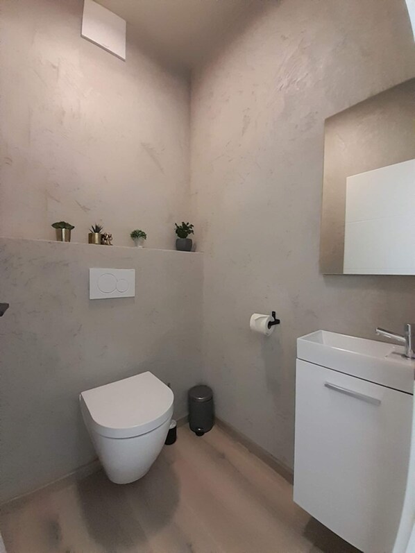 A compact bathroom with a toilet, sink, and a small shelf with plants.