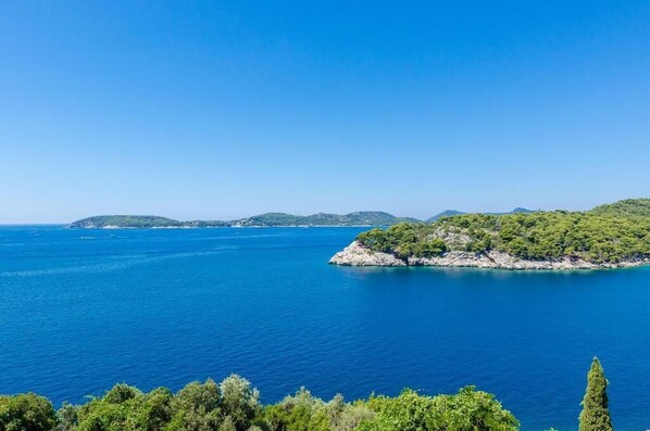 Paesaggio costiero con un mare blu limpido, una piccola isola ricoperta di vegetazione e colline in lontananza.