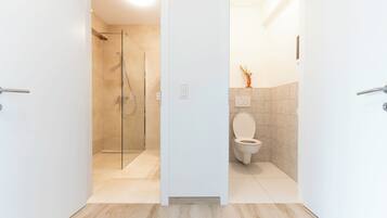 Hair dryer, towels, soap, toilet paper