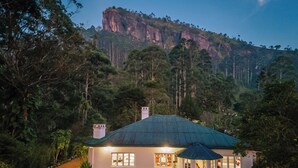 Una casa con tetto verde, circondata da vegetazione lussureggiante e una montagna sullo sfondo.