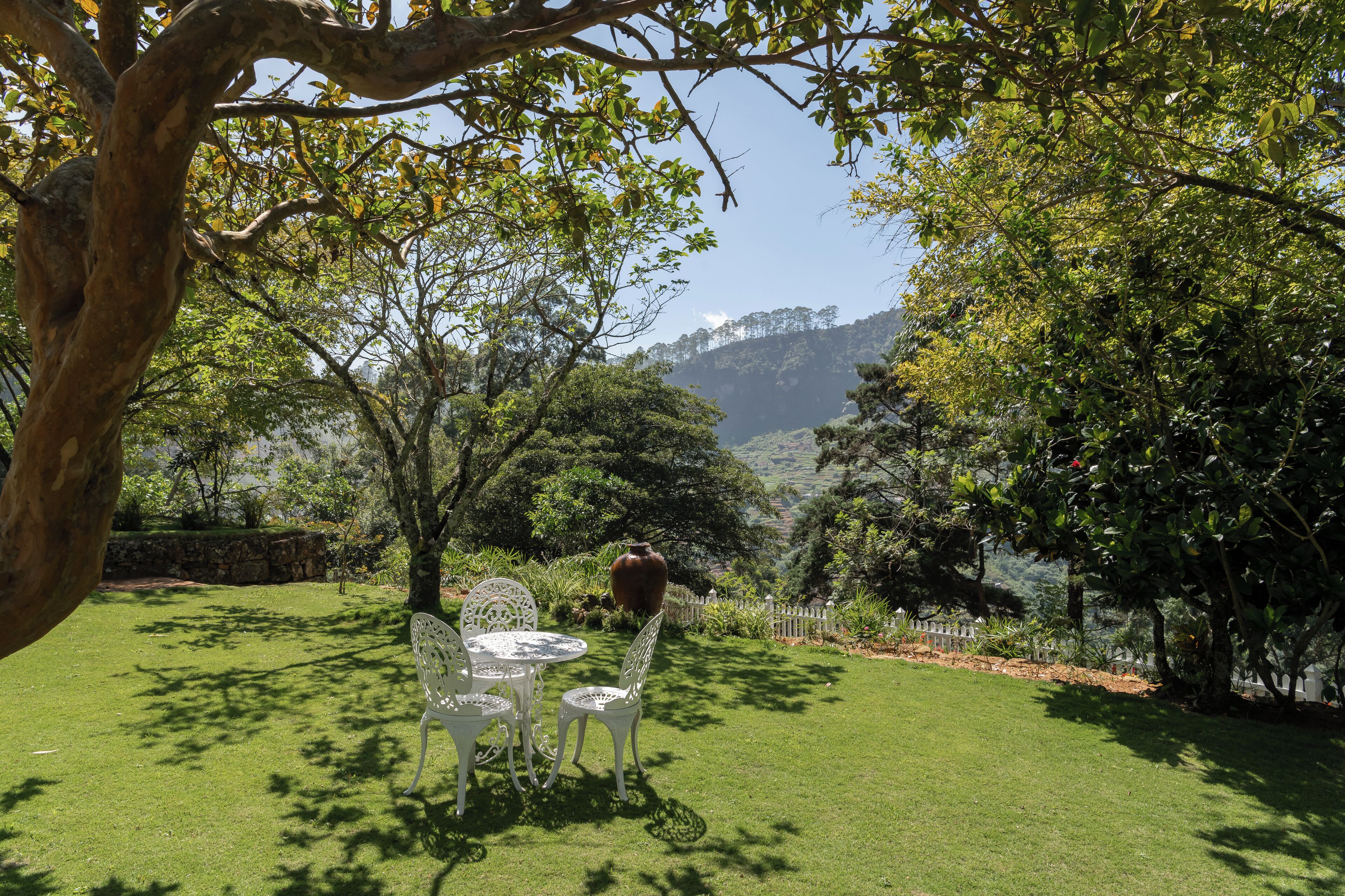 A grassy outdoor area with a white metal table and chairs, surrounded by trees and a stone wall.