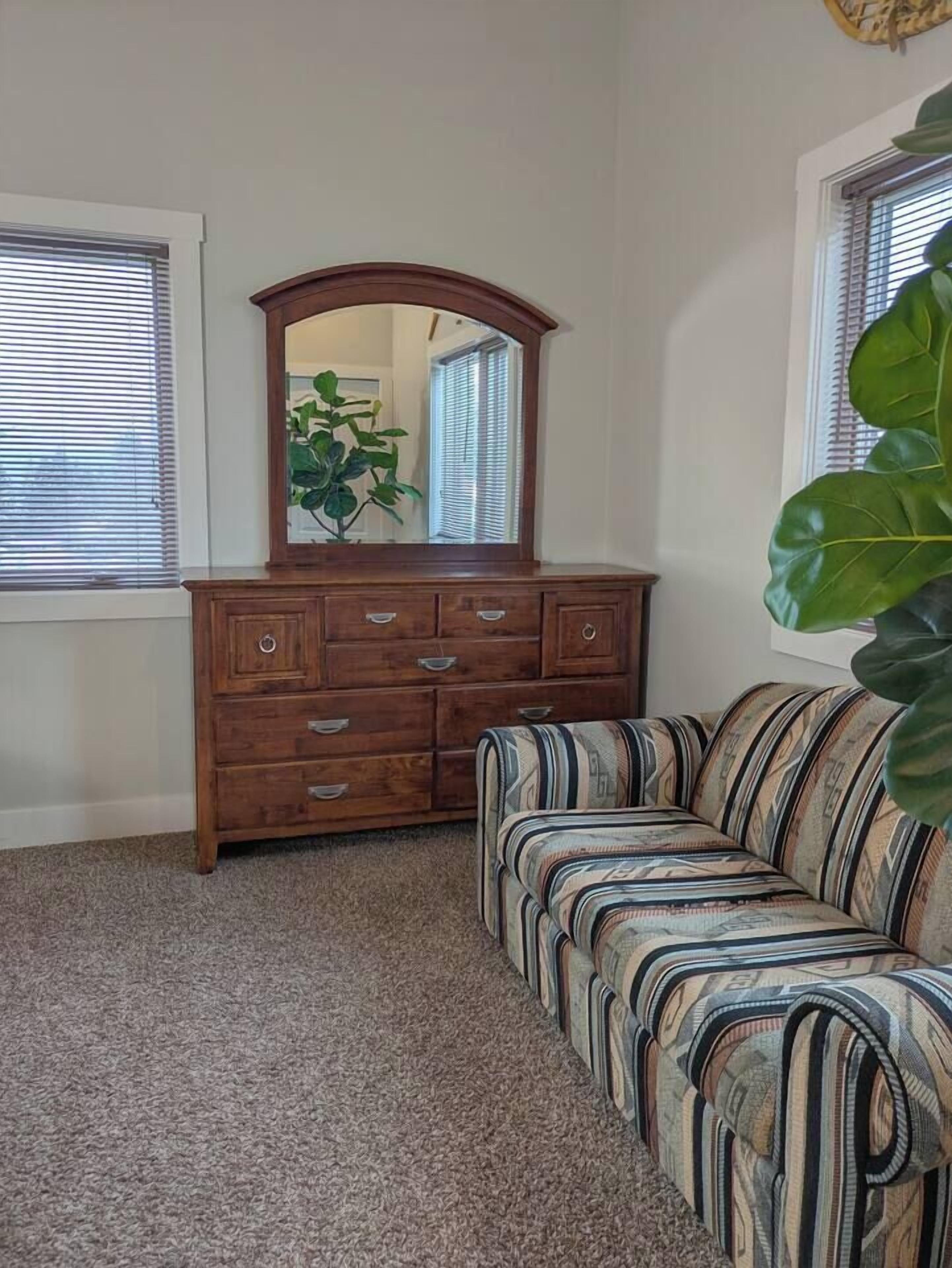 A room with a wooden dresser, a mirror, a striped sofa, and a large green plant.