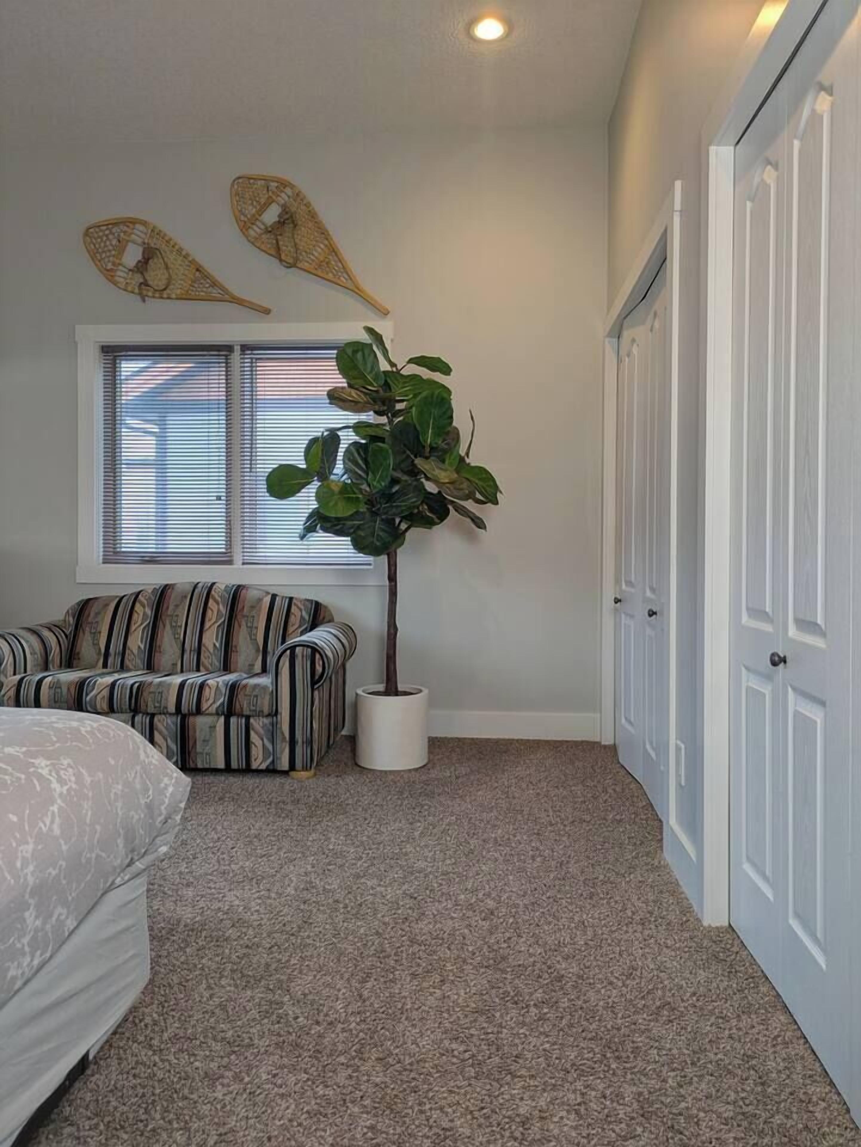 A bedroom with a striped sofa, a potted plant, a bed, and a closet.