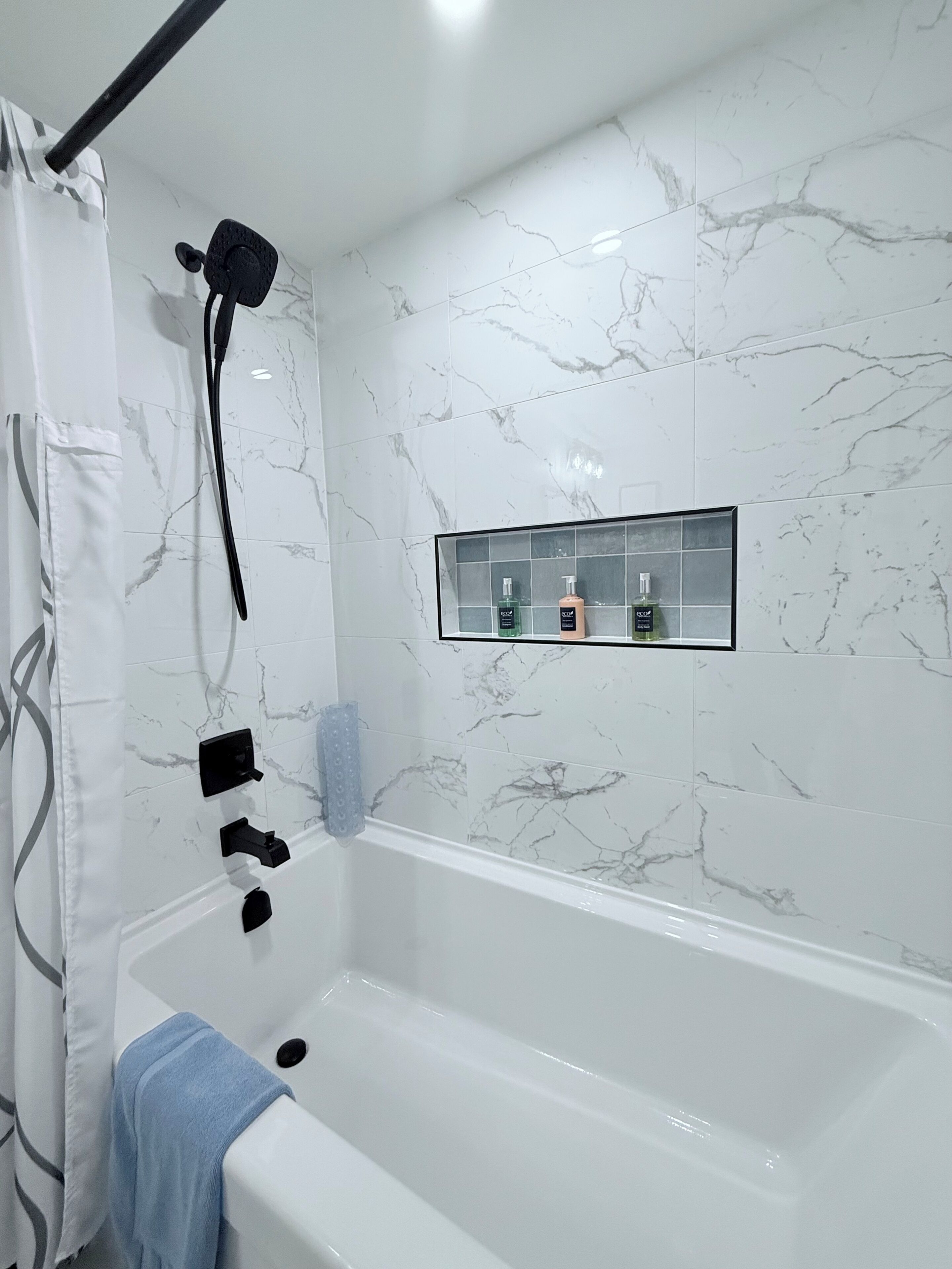 Eco-friendly toiletries, hair dryer, towels, soap