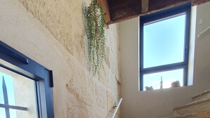 A stone staircase with a handrail, a window, and a wall-mounted plant. - CalypSo Luxury Mas Madeleine in Provence (Arles)