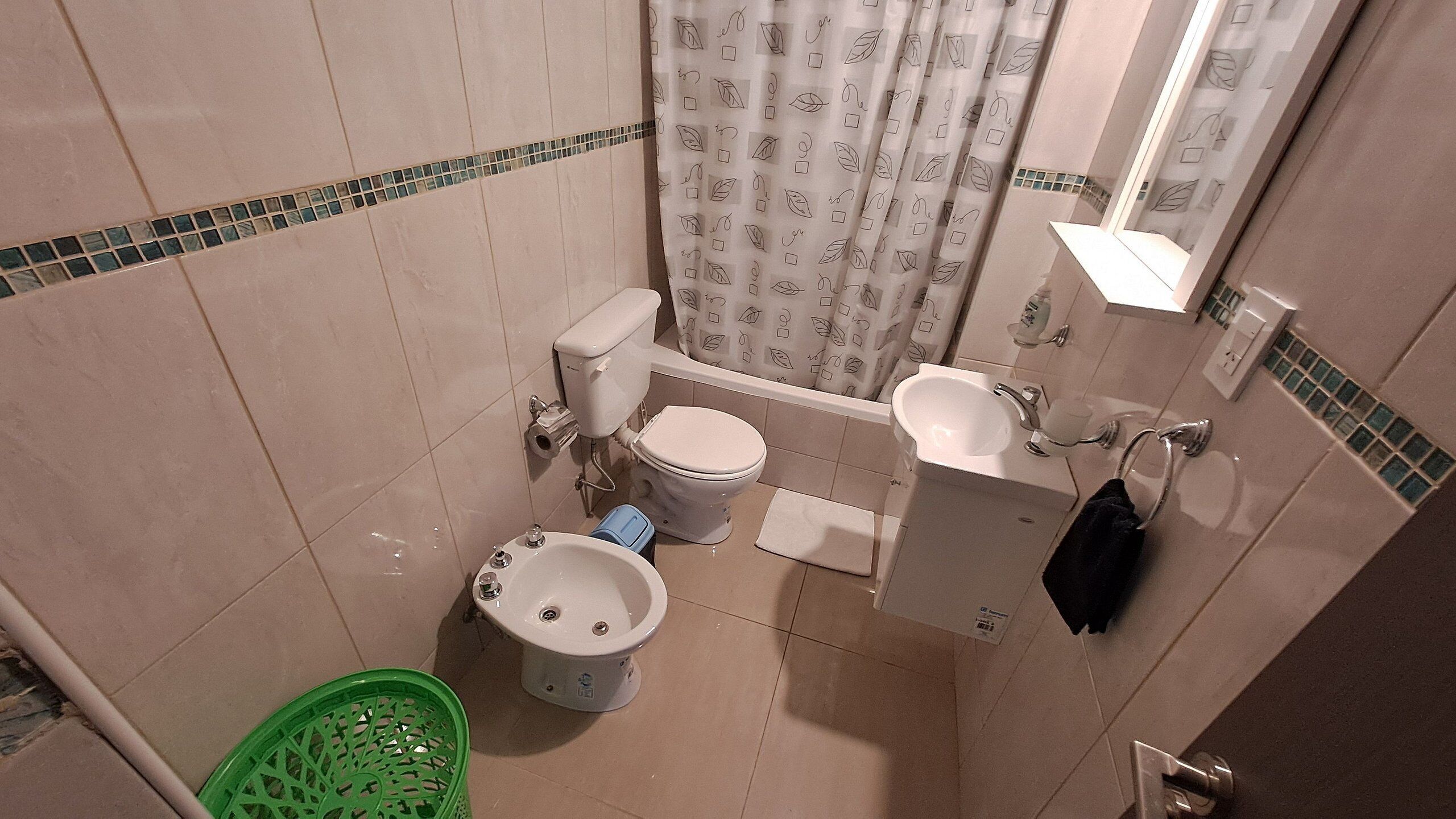 Une petite salle de bain comprenant des toilettes, un bidet, un lavabo et un rideau de douche.