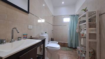 A bathroom with a sink, toilet, and shower area.