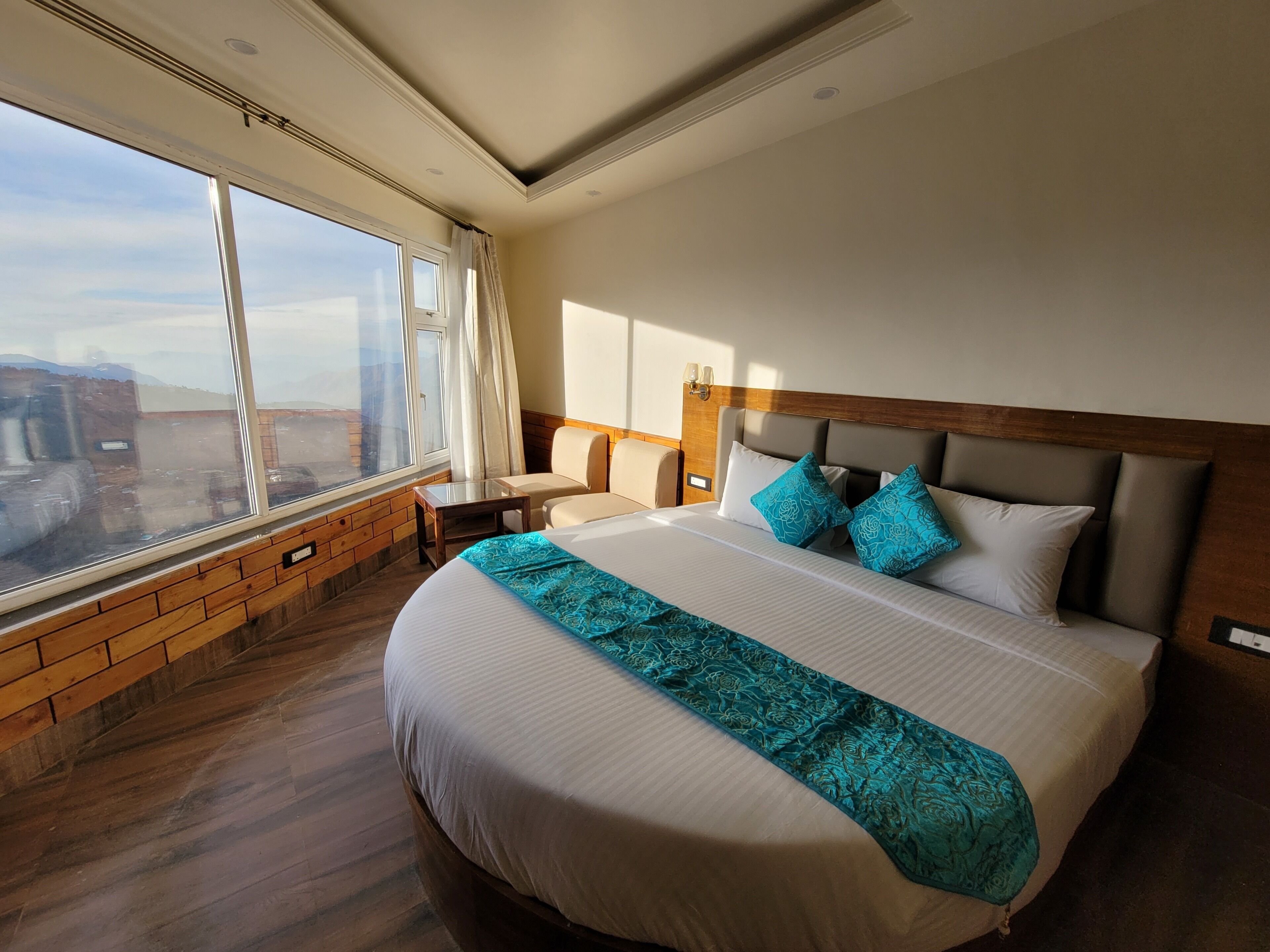 Premium bedding, memory foam beds, desk, laptop workspace