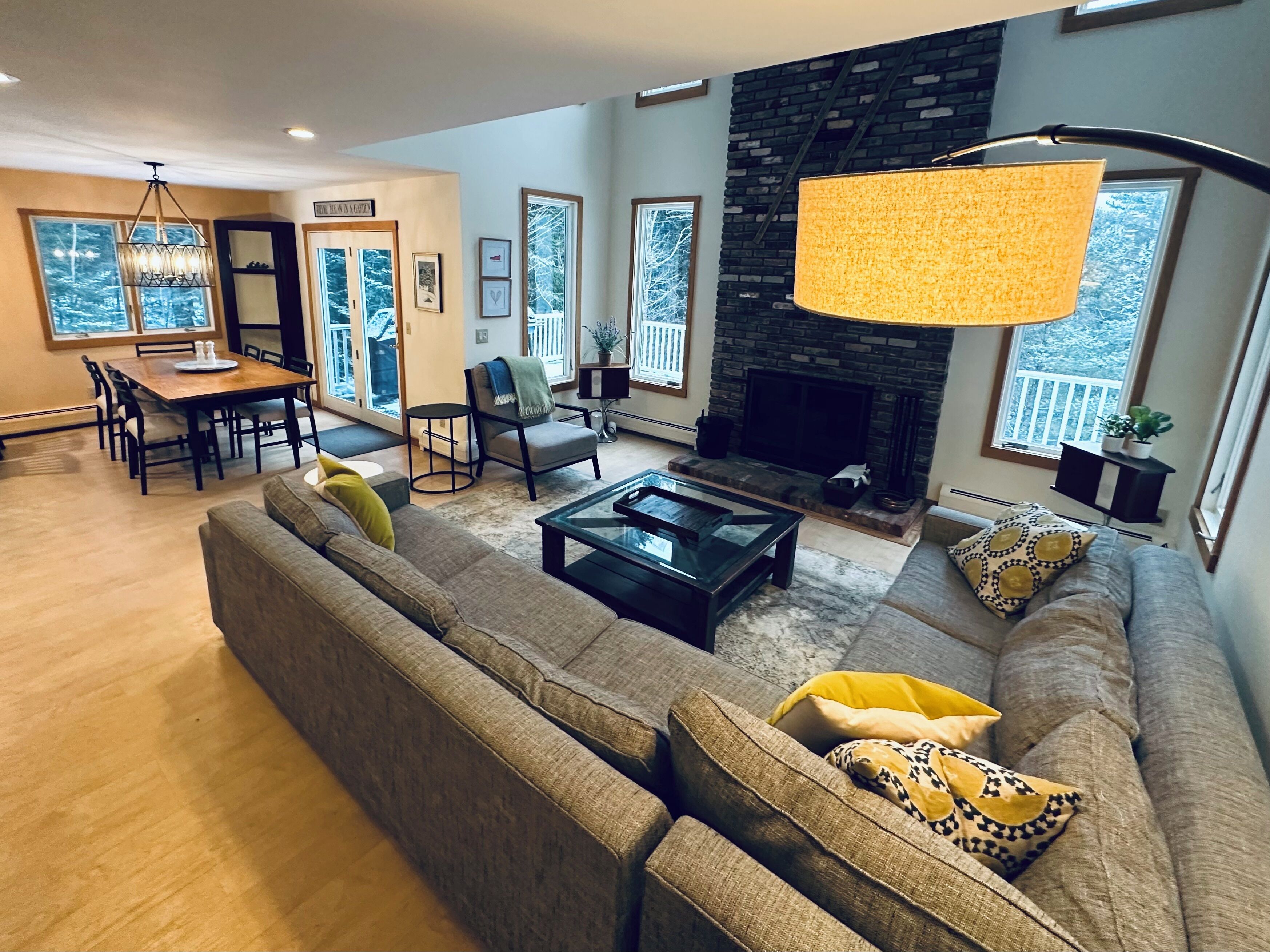 TV, fireplace, books, music library