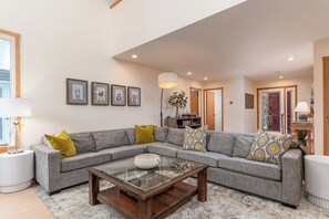 Téléviseur, foyer, livres, sélection de musique