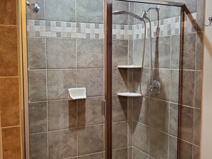 Shower, jetted tub, hair dryer, towels