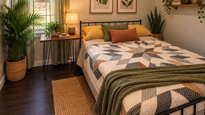 A bedroom with a bed, bedside tables, a window with curtains, a wall-mounted shelf with plants, and framed botanical prints. - Cozy Starkville Cottage — 4 Peaceful Acres + Pet Friendly (Starkville)