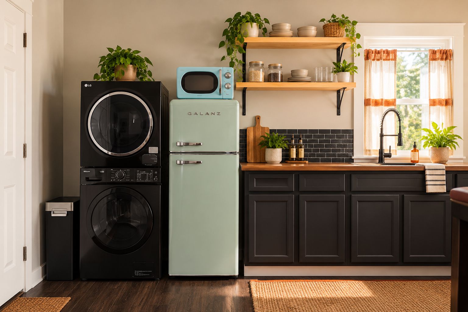 Une cuisine compacte équipée d’un lave-linge, d’un petit réfrigérateur et d’un micro-ondes posé sur le plan de travail. On y trouve des étagères remplies d’ustensiles de cuisine et une fenêtre avec des rideaux.