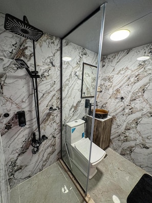 Shower, hair dryer, towels, soap