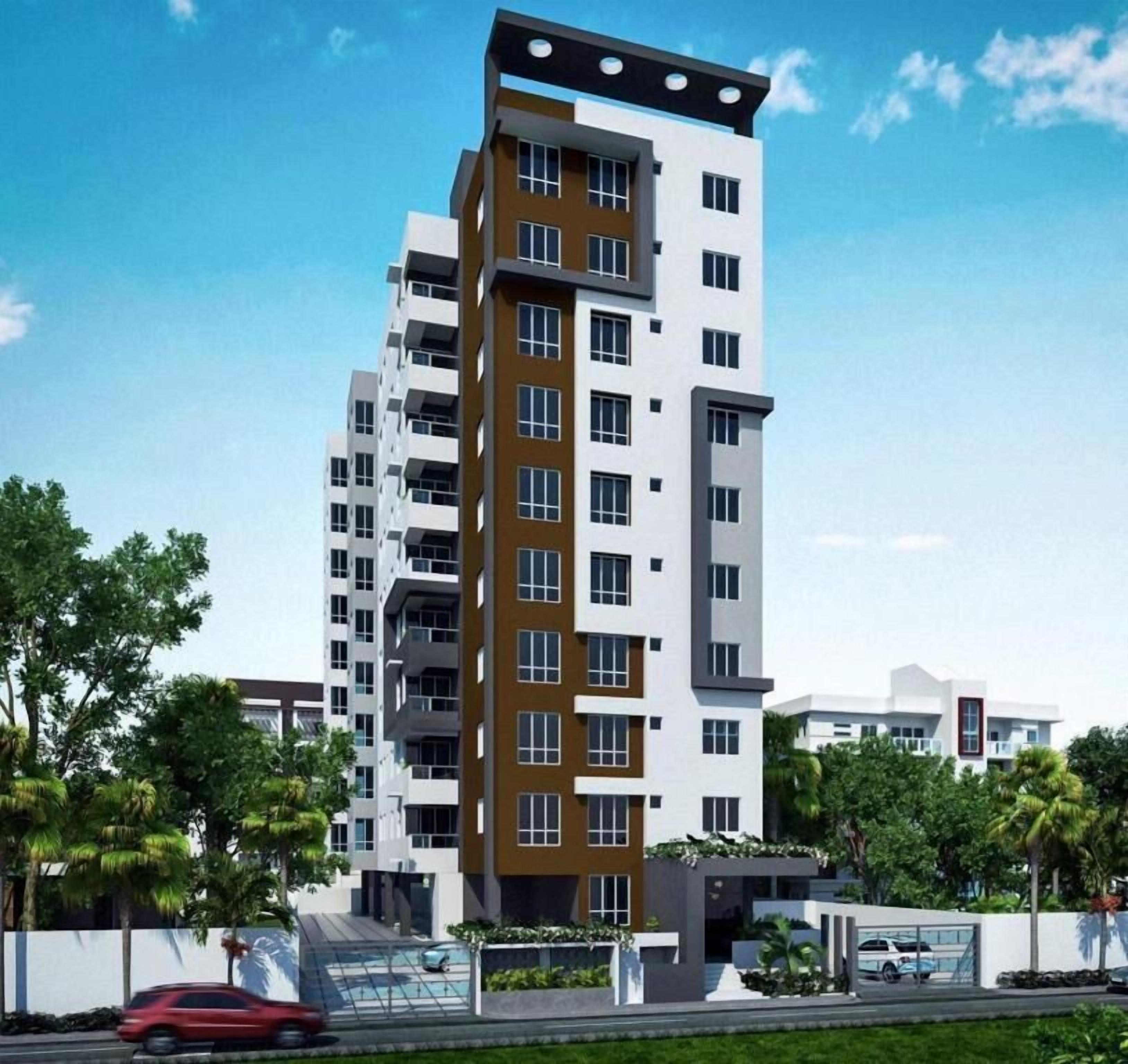 Un moderno edificio residencial de varios pisos, con balcones, estacionamiento cerrado y zonas verdes circundantes.
