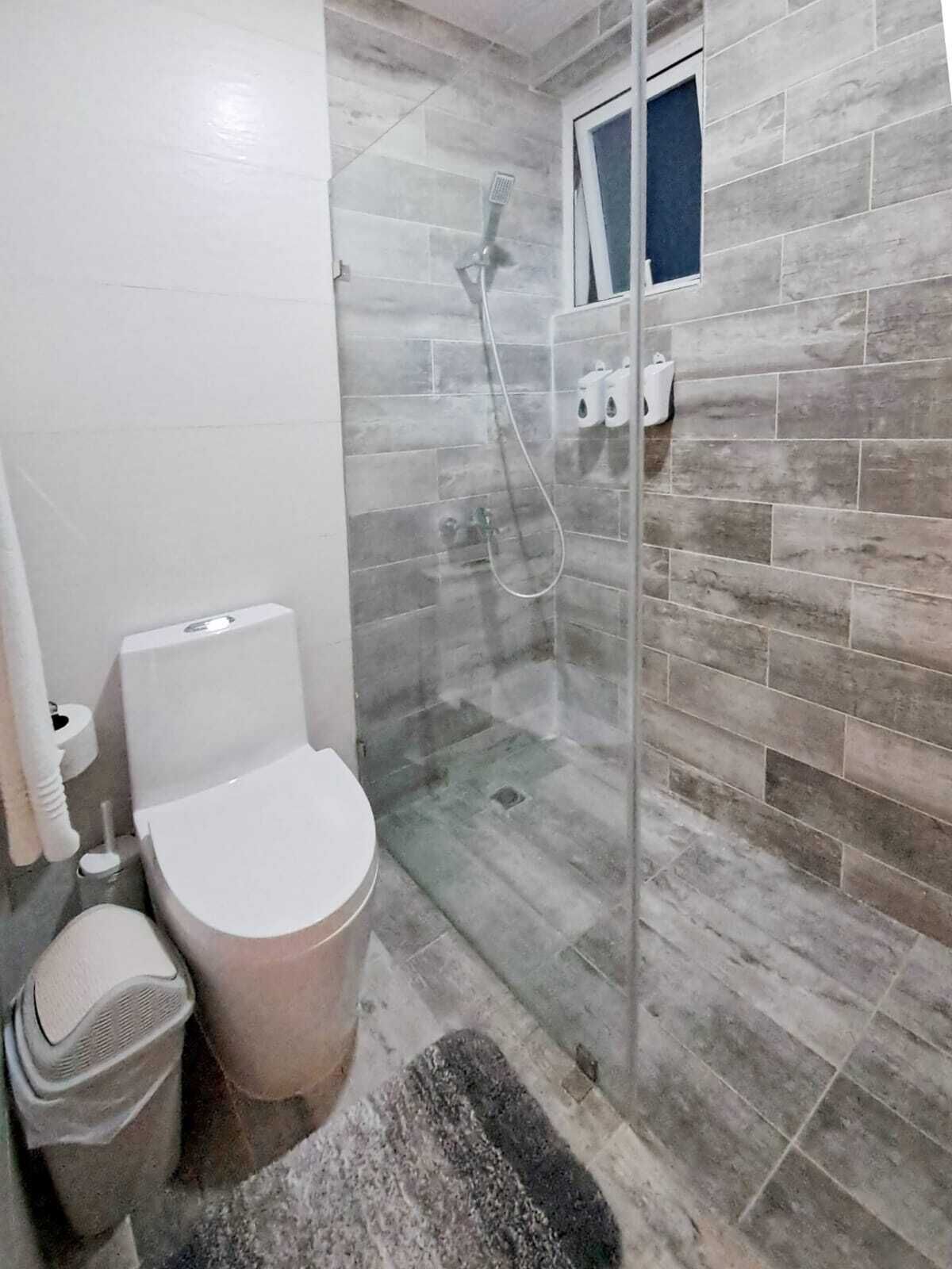 A bathroom with a toilet, bidet, and shower area.