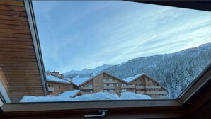 A view through a skylight of a chalet-style building with multiple balconies, surrounded by snow-covered trees and mountains. - Troillet 11, 200m away from the ski pistes (Les Allues)