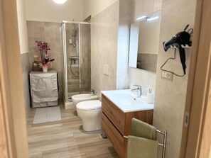 Douche, séchoir à cheveux, bidet, serviettes fournies