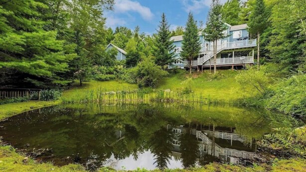 A house with a pond in front, surrounded by trees and greenery.
